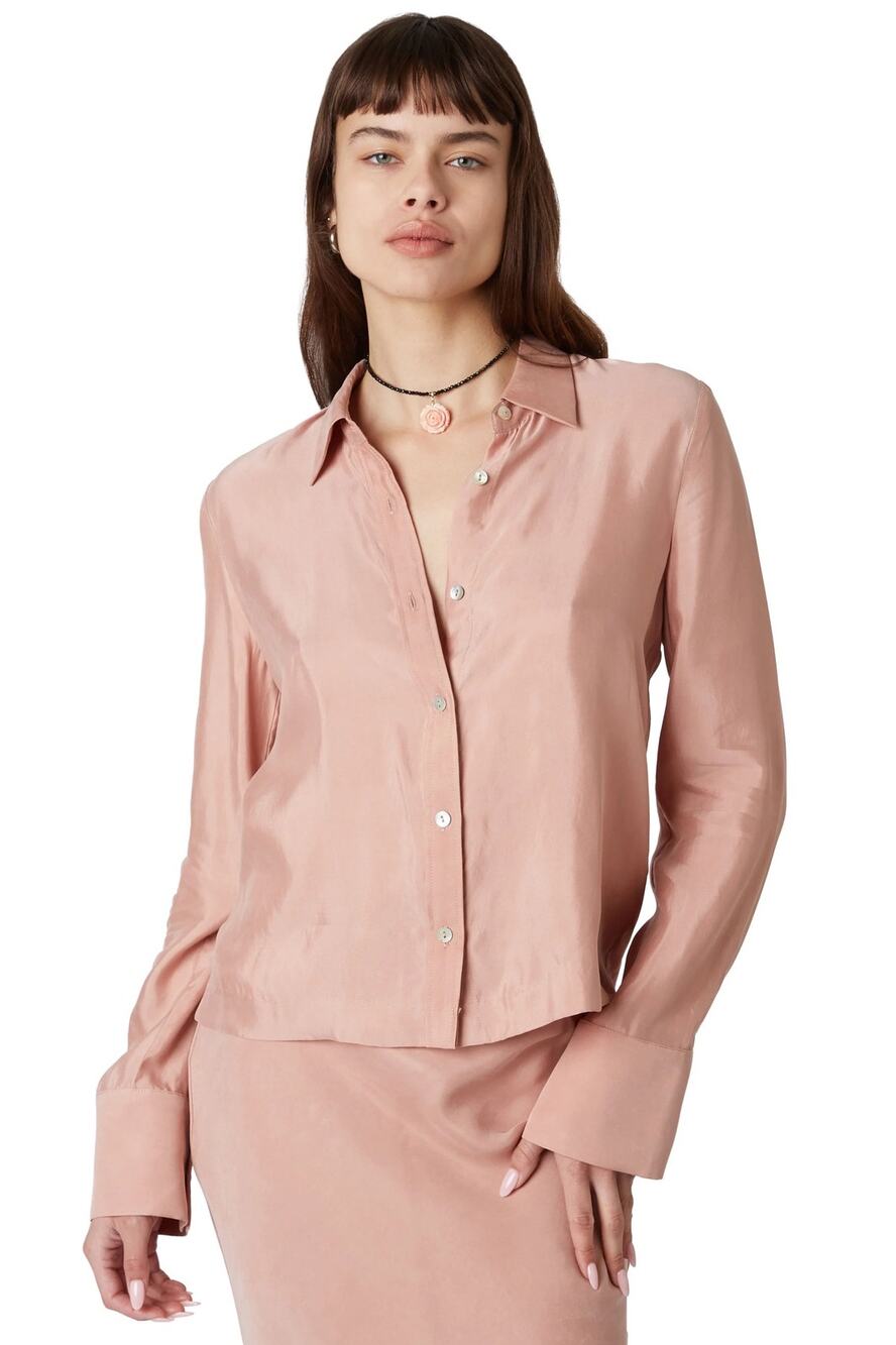 Nia Bardot Pink Boxy Long Sleeve Button Up Blouse Shirt Size Small